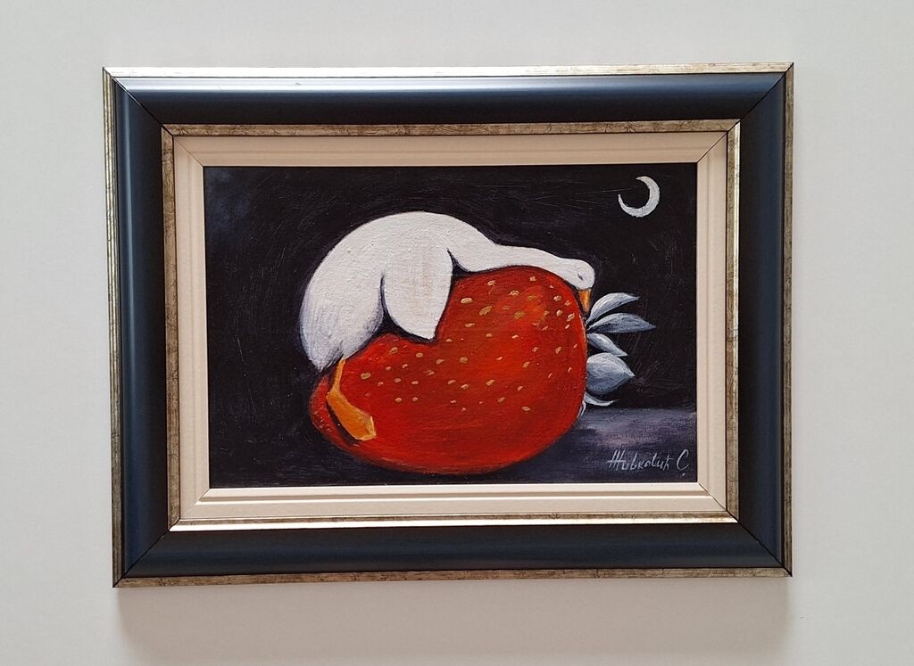 Oil on canvas - Sleeping goose and strawberry