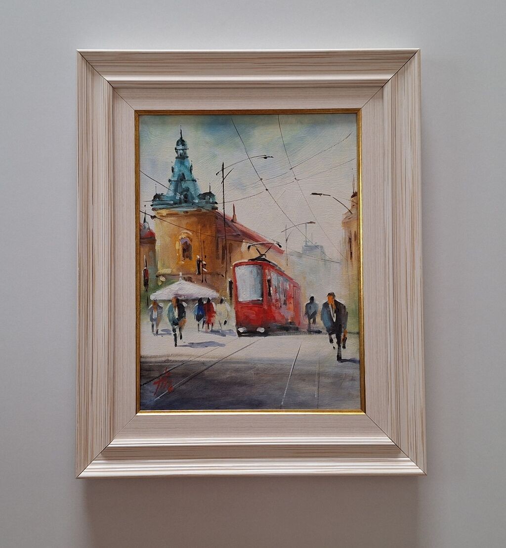 Oil on canvas - Red tram in Belgrade