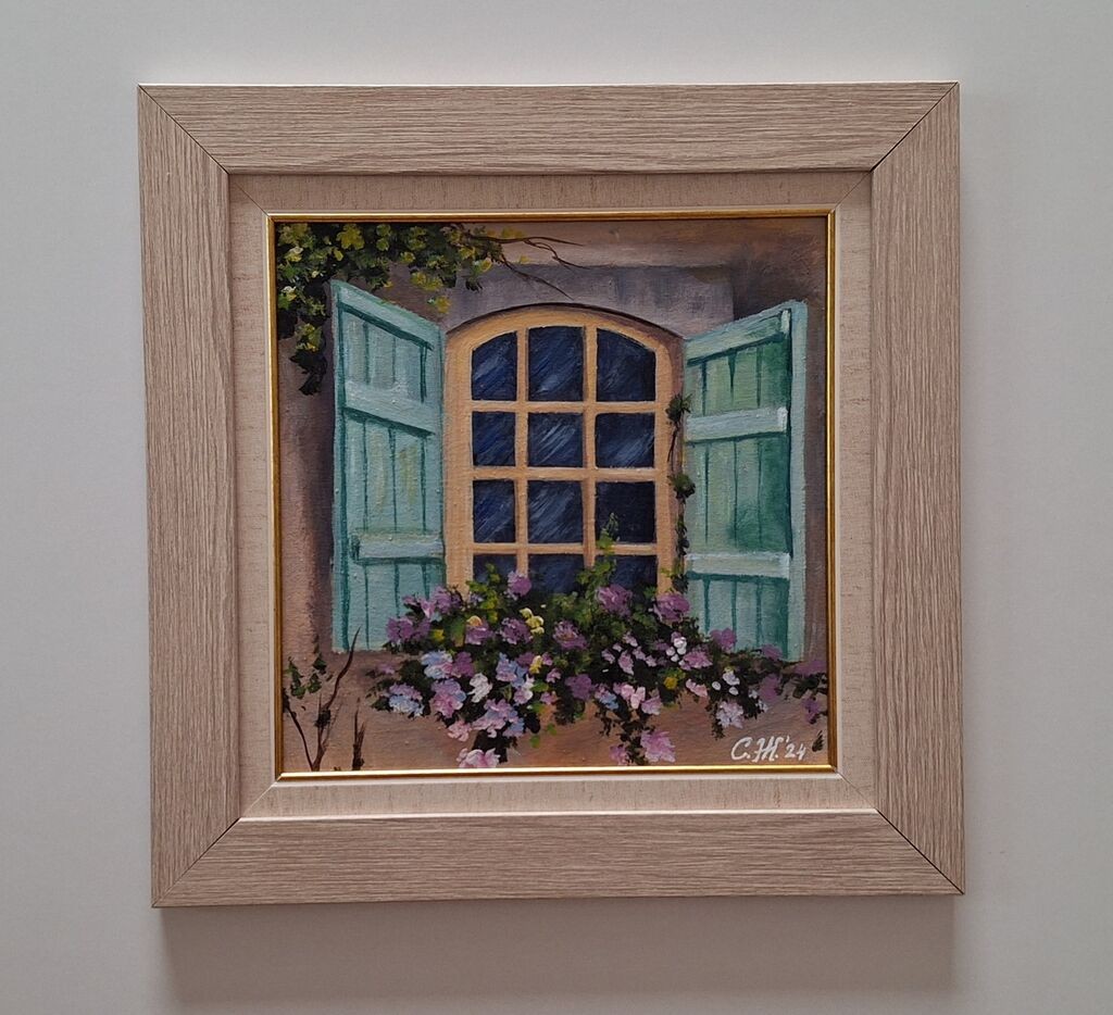 Oil on canvas - Small window with flowers