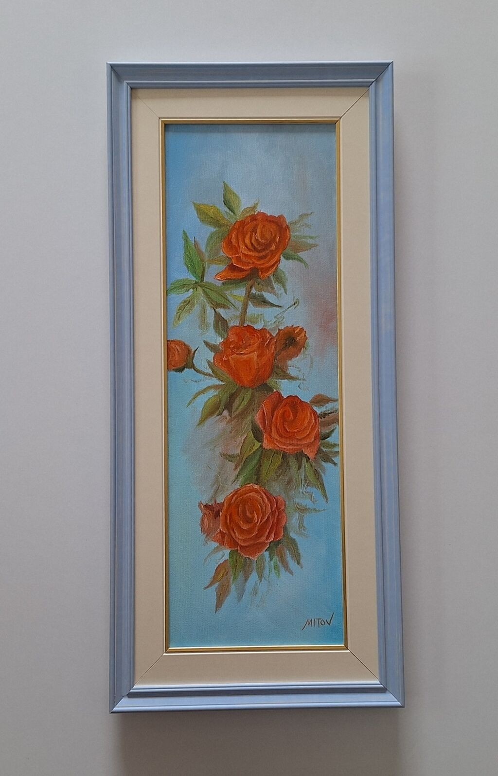 Oil on canvas - Delicate roses in blue, beautiful!