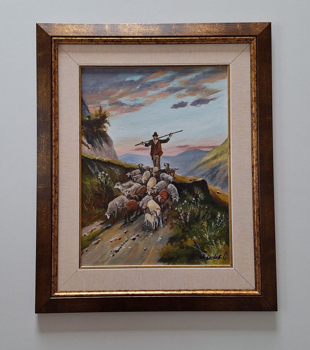 Oil on canvas - Shepherd with sheep, beautiful picture!