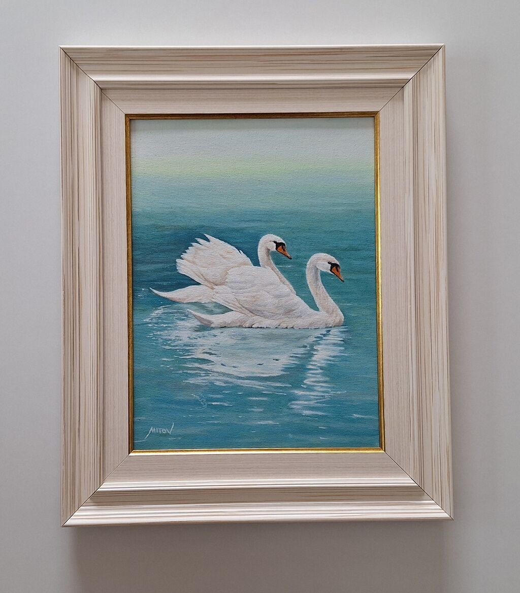 Oil on canvas - Two swans, a beautiful picture!