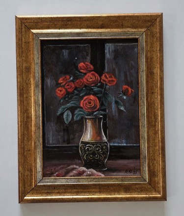 Oil on masonite - Vase with red flowers by Dusko Dule