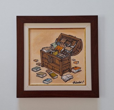 Oil on canvas - Old chest with books