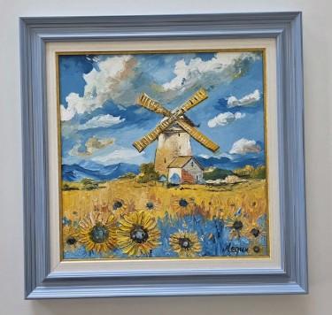 Oil on canvas - Windmill in sunflowers by Dusko Dule