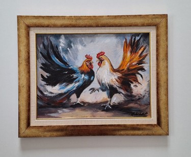 Oil on canvas - Cockfight, beautiful painting