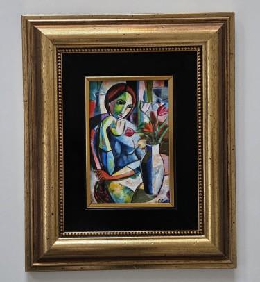 Painting - Lady and Flowers - acrylic on canvas - Miniature by Dusko Dule