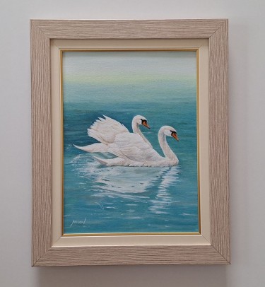 Oil on canvas - Two white swans, beautiful picture