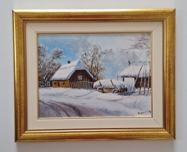 Oil on hardboard - A village covered in snow, beautiful!