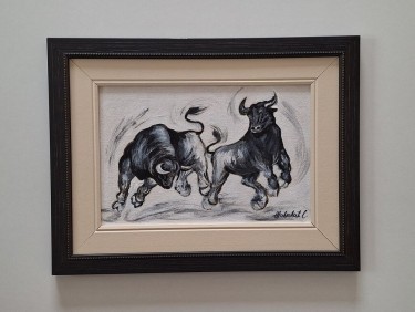 Oil on canvas - Bulls at play, beautiful painting