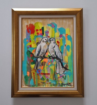 Oil on canvas - Two pigeons, a beautiful picture