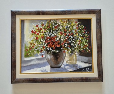 Oil on canvas - Flowers by the window, beautiful picture by Dusko Dule