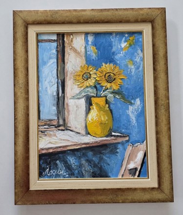 Oil on canvas - Blue wall and sunflowers, beautiful by Dusko Dule