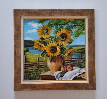 Oil on canvas - Vase with sunflowers, beautiful