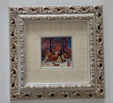 Naive, oil on glass - Village Church - Miniature by Dusko Dule