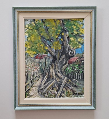 Oil on hardboard - Old tree in the village, beautiful!