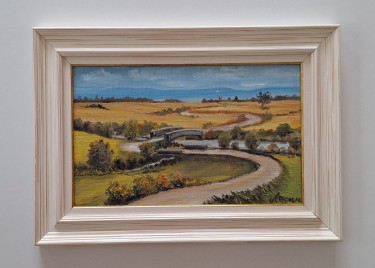 Oil on hardboard - A bridge in a field, a beautiful picture