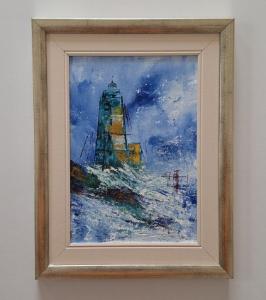 Oil on canvas - The lighthouse and the sea, a beautiful picture