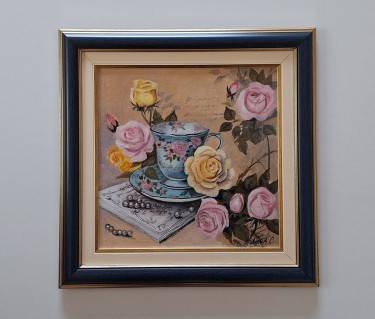 Oil on canvas - A cup of tea and flowers, beautiful!