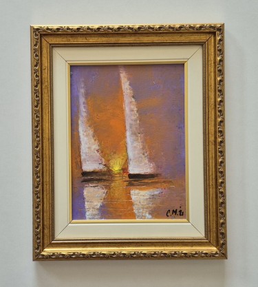 Oil on cardboard - Sailing at sunset by Dusko Dule