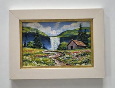 Oil on hardboard - House by the waterfall by Dusko Dule