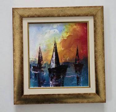 Oil on canvas - Red sky, calm harbor by Dusko Dule