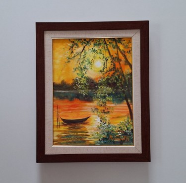 Oil on canvas - Dusk over the river, beautiful picture!