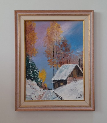 Oil on hardboard - Romantic winter, beautiful!