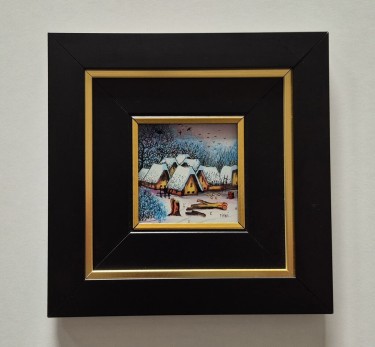 Naiva, oil on glass - Winter in the village - Miniature by Dusko Dule