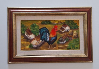 Oil on canvas - Rooster in the village, beautiful picture!