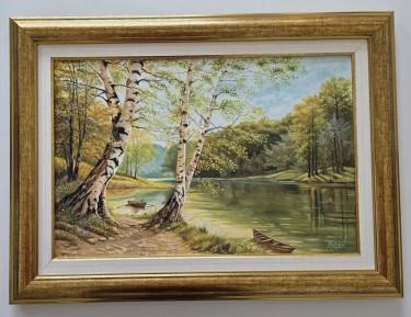 Oil on canvas - Two birches and two boats, beautiful by Dusko Dule