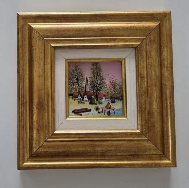 Naive, oil on glass - Village Dusk - Miniature by Dusko Dule