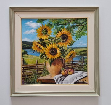 Oil on canvas - View of nature and sunflowers