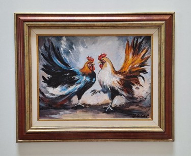 Oil on canvas - Cockfight, beautiful painting!