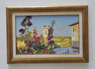 Oil on masonite - Church in flowers, a beautiful painting by Dusko Dule