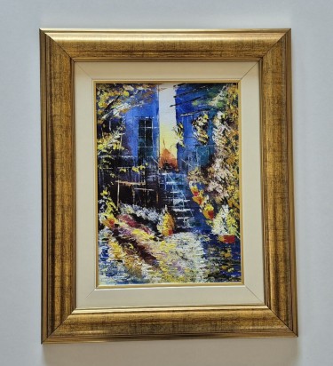 Oil on canvas - Stairs in flowers, beautiful painting by Dusko Dule