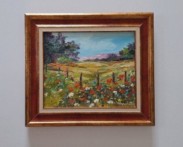 Oil on canvas - Fence in the meadow, beautiful picture!