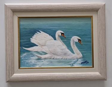 Oil on canvas - Two swans, a beautiful painting by Dusko Dule