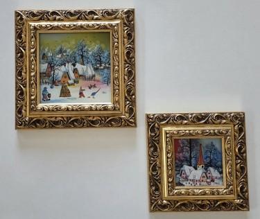 Naive art, oil on glass - Winter - 2 paintings by Dusko Dule