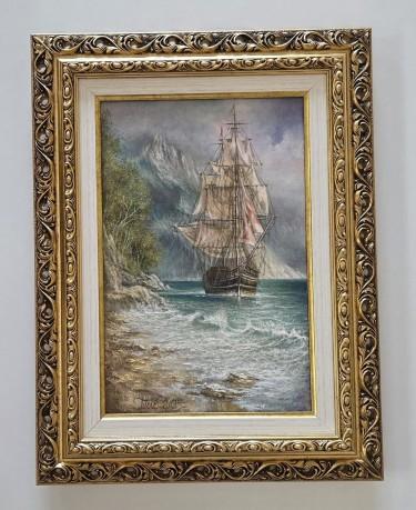 Oil on canvas - Old ship and rough sea by Dusko Dule