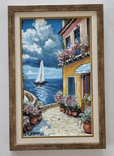 Oil on hardboard - Terrace above the sea by Dusko Dule
