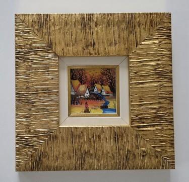 Naive art, oil on glass - Autumn in the village - Miniature by Dusko Dule