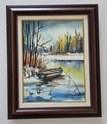 Oil on canvas - Winter, river and boat by Dusko Dule