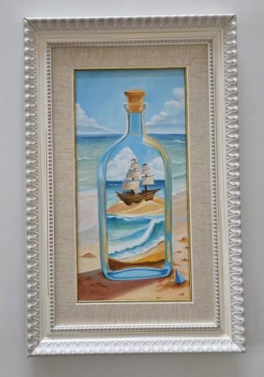 Oil on canvas - Ship in a bottle, beautiful painting by Dusko Dule
