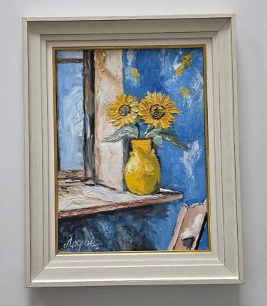 Oil on canvas - Two sunflowers at the window by Dusko Dule