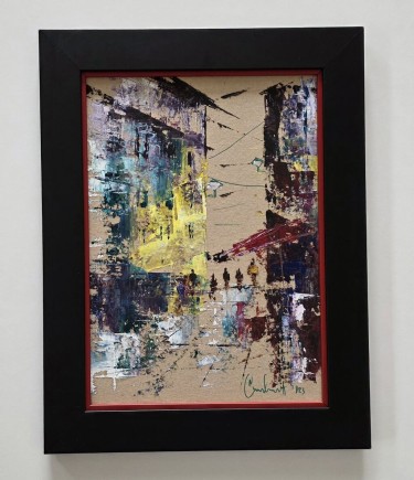 Oil on cardboard - The City, a beautiful painting by Dusko Dule