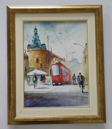 Oil on canvas - Tram in Belgrade, beautiful by Dusko Dule