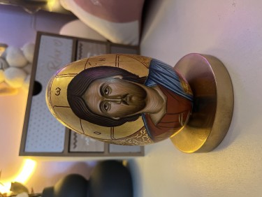 icon of Jesus on a wooden egg