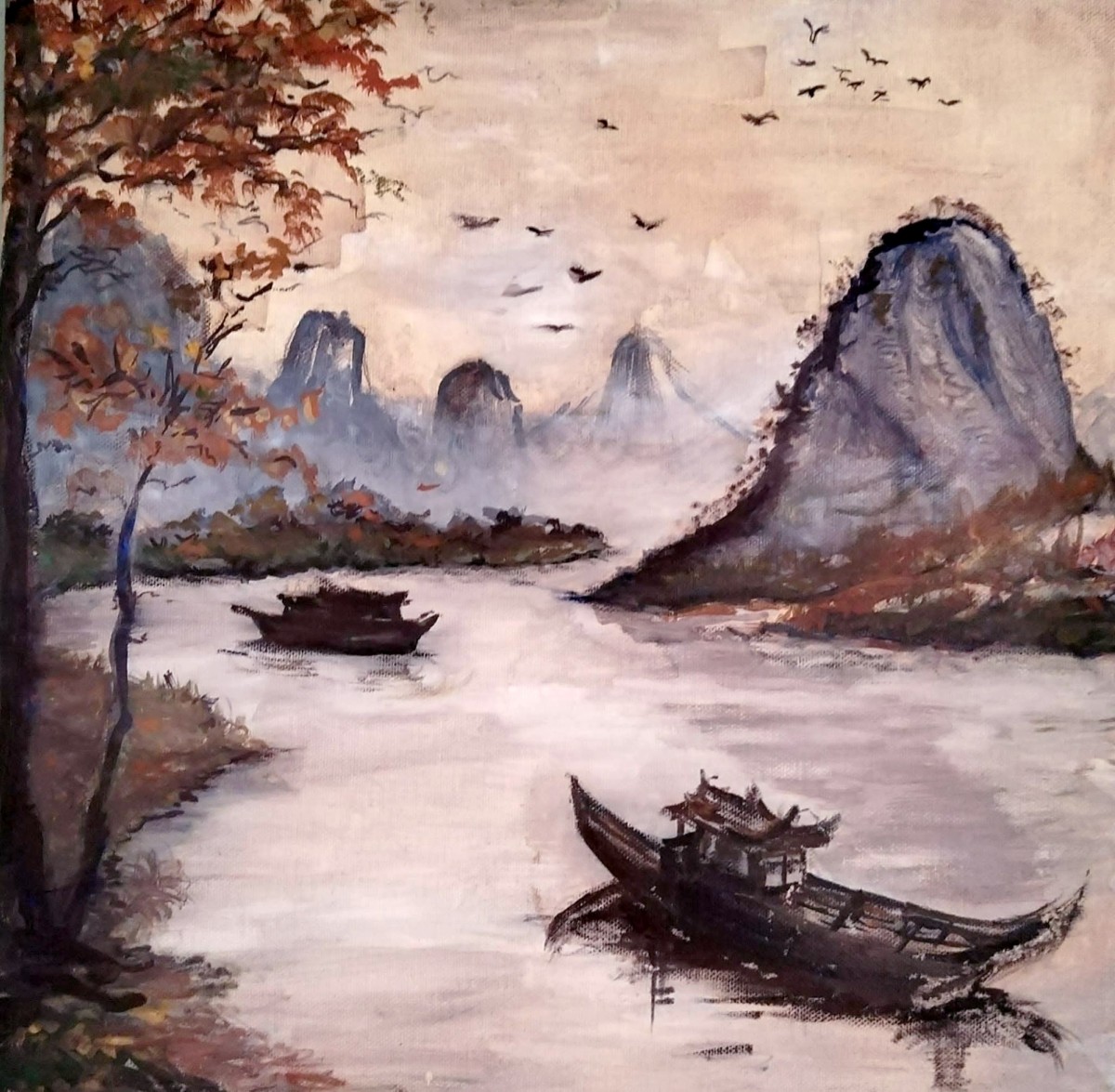 Boat on the River under Misty Mountains