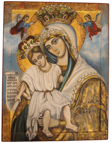 Icon of the Most Holy Mother of God – Russian Style, Oil and Pigments on Wood by Mirjana Zivković